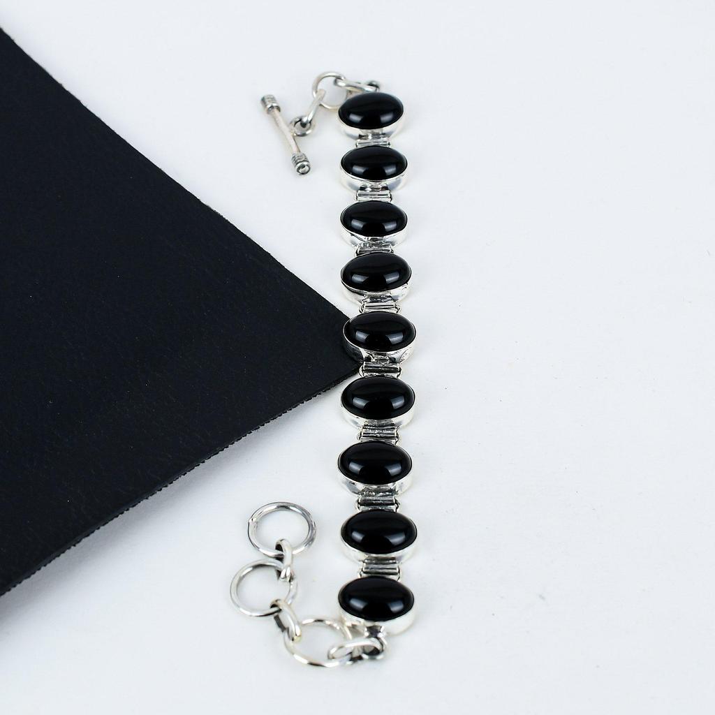 Браслет из натурального черного оникса ручной работы из стерлингового серебра 925 пробы, браслет из черного оникса для жены, браслет унисекс, подарок на День благодарения