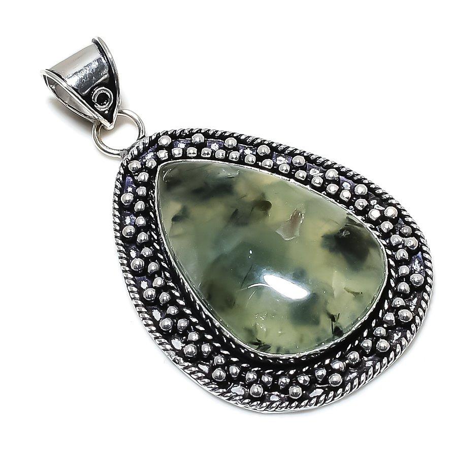 Prehnite Gemstone Handmade 925 Sterling Silver Jewelry Pendant 2.68" V3M03