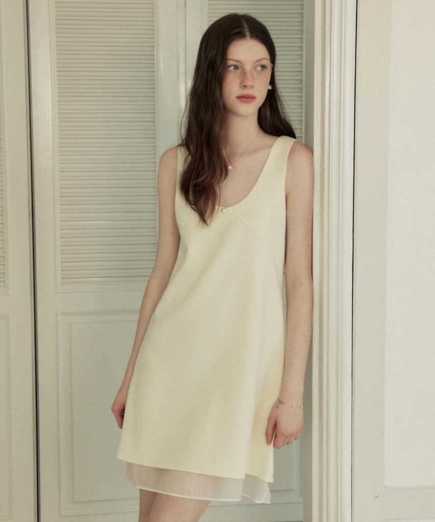 Adowl Deep V Neck Pearl Point Double Mini Dress - Cream