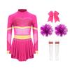 4Pcs Girls Cheer Leader Costume Long Sleeve Diamonds Dance Jumpsuit with Cheerleading Hand Flower Bowknot Hair Ties and Striped Knee High Tube Socks