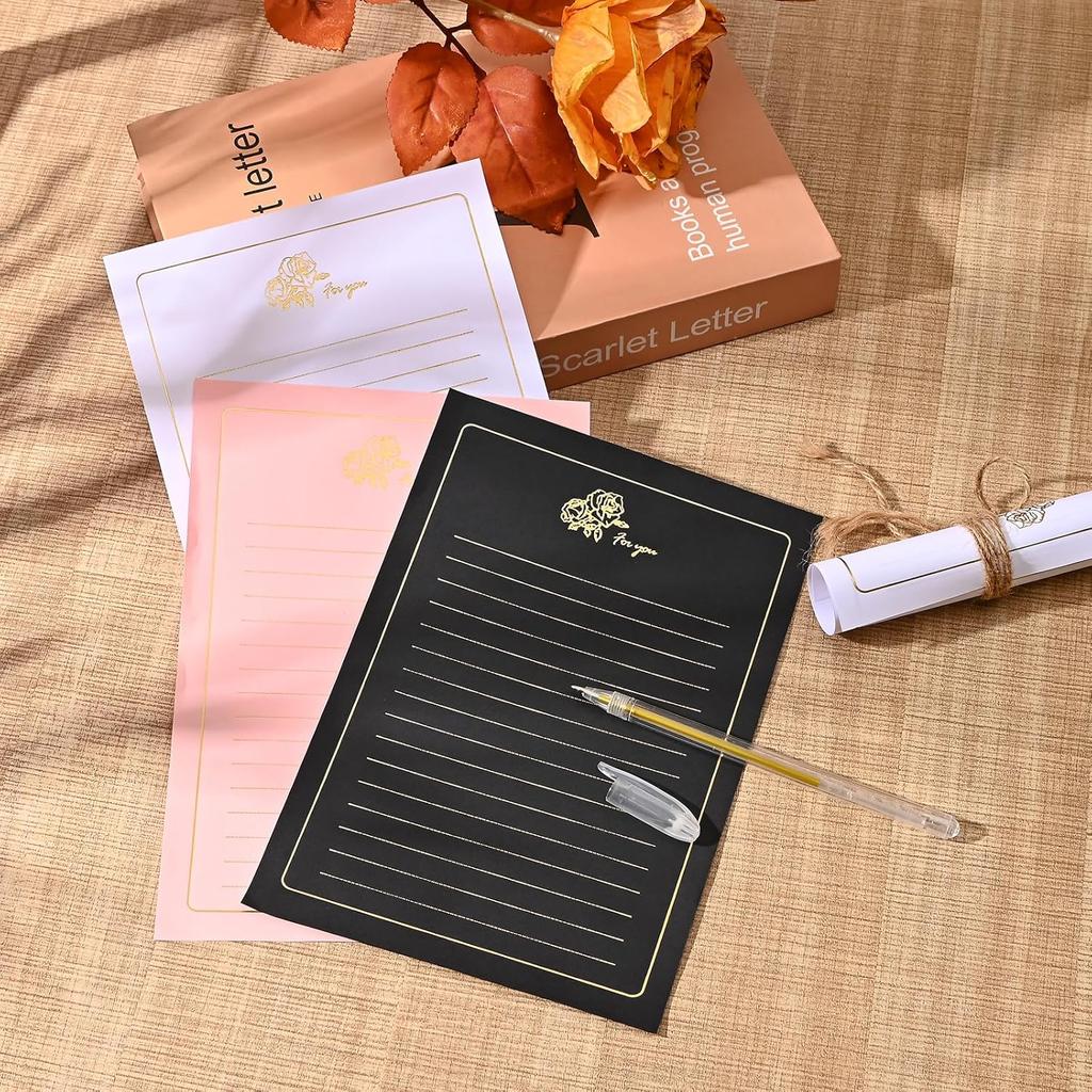BAYTORY 45 Pcs Lined Stationery Letter Paper, A5 Golden-Lace Vintage Writing Letterhead, Decorative Stationery Paper for Love Letters Invitations &
