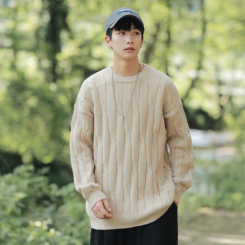 2026 Youth Japanese Style Chunky Knit Loose Sweater for Men - Autumn/Winter Long Sleeve Round Neck Trendy Couple Knitwear