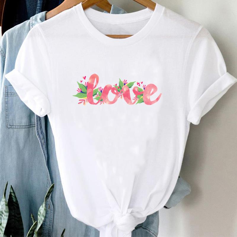 (Asian Size) Tee Top Fashion Love Letter Watercolor Flower T Shirt Women Print Lady Female Clothing Casual Short Sleeve Graphic T-shirt