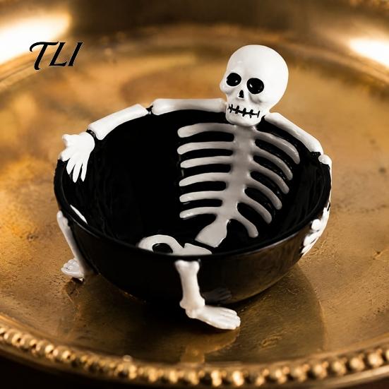 Decorative Resin Tray Halloween Skeleton Lounging Tidbit Serveware, 3D Relief Candy Bowl for Gothic Kitchenware Snacks Dips, Creative Party