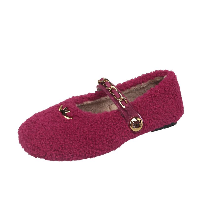 Fashion Aphixta Metal Chain Dec Slip On Flats Soft Fleeces Shoe Shallow Furry Flat With Women Loafers Slip On Warm Winter Casual Shoes