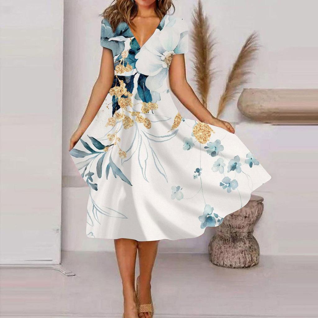 Women's Summer Casual Floral Print Short Sleeve Swing Dress