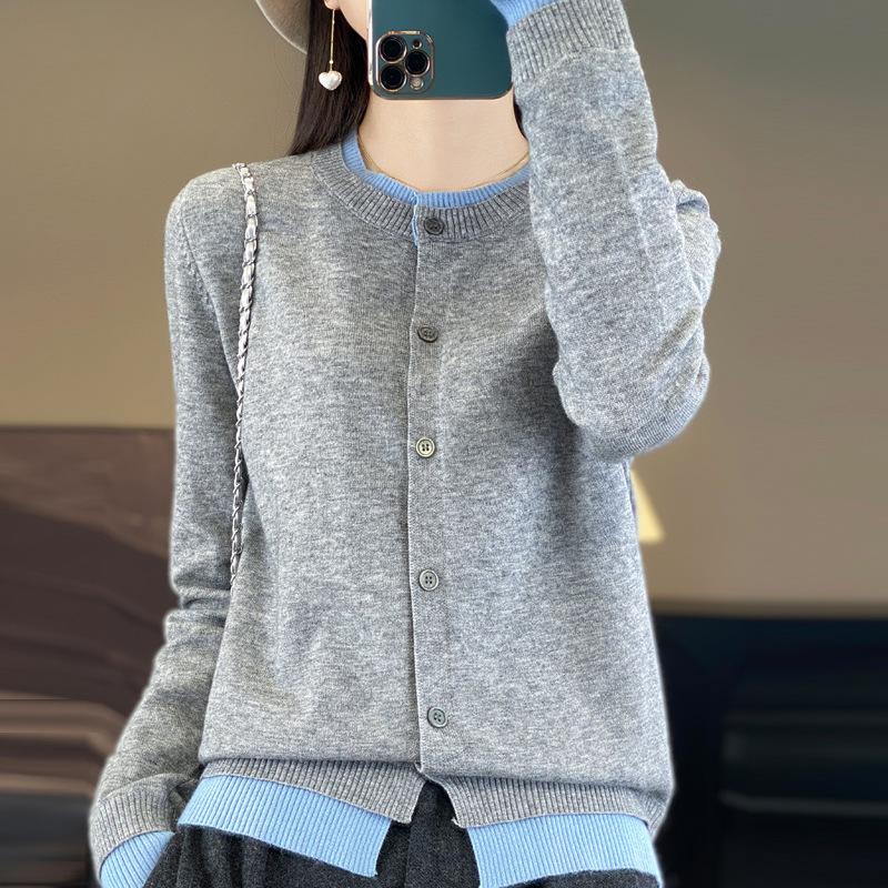 Knitted Cardigan Women's Colour Block Sweater Loose Long Sleeve Top