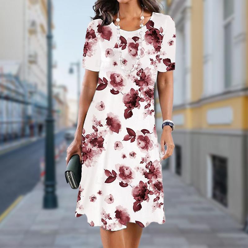Fashion Womens Loose Rendering Flowers Print O Neck Short Sleeve Leaves Print Loose Streetwear A-line Dress
