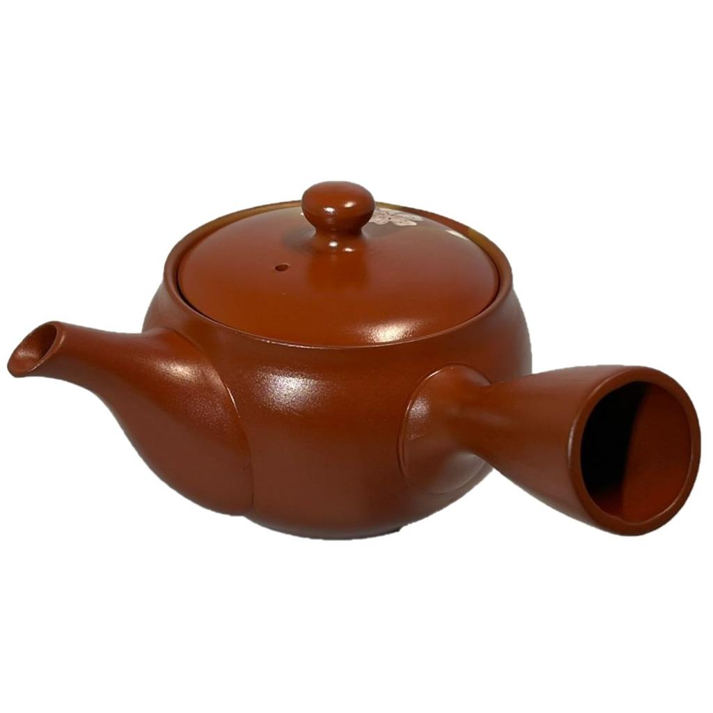 Japanese Tosai Fusen Red Clay Fan Cherry Blossom Teapot (Basket Net)