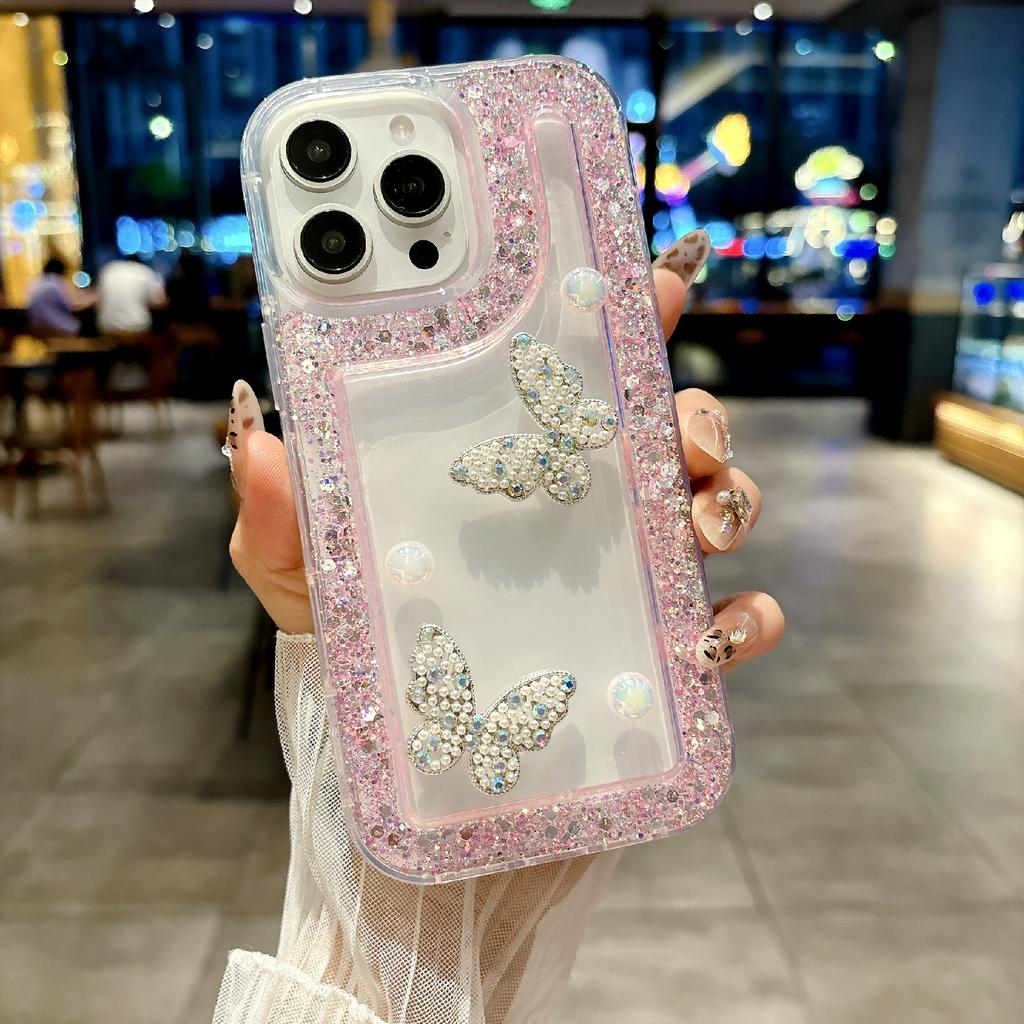 For iPhone 16 Pro Case with Case with Pearl Butterfly Decor Glitter Rhinestone Epoxy Design TPU Phone Cover