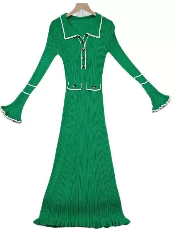 Платье-свитер с оборками в европейском и американском стиле 2025 года — роскошное платье-миди с французскими лацканами на осень/зиму