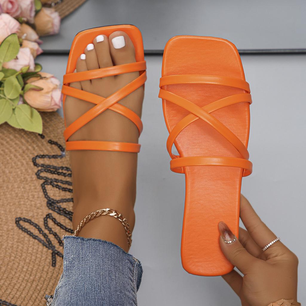 2024 Summer New Flat Women's Beach Slippers Single Line Solid Color Square Head Casual Thin Sandals