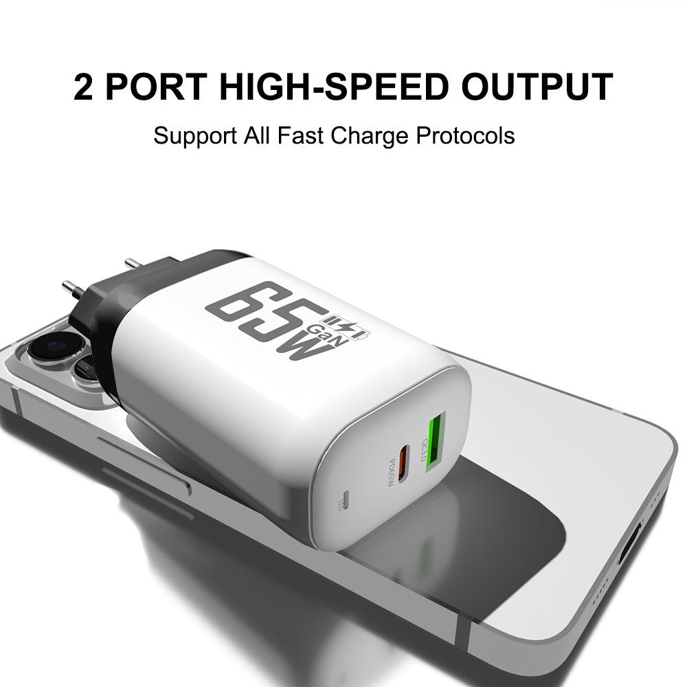65W GaN Fast Charger: QC 3.0 & PD with 9V/12V for EU/US, Ideal for Laptops & USB Devices