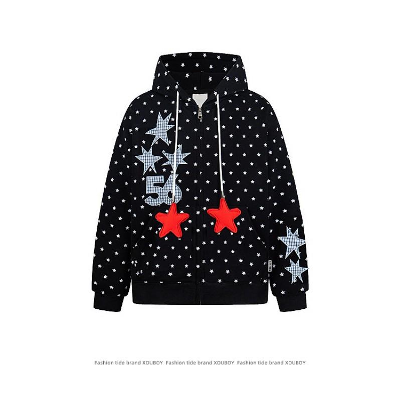 Unisex Streetwear Hooded Zip-Up Sweatshirt With Star Print Loose Fit 2026 Casual Outerwear