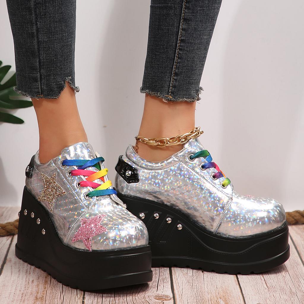 Fashion Silver Patent Leather Chunky Sneakers Women Gothic Thick Bottom Vulcanized Shoes Woman Punk Wedge Heeled Platform Combat Shoes
