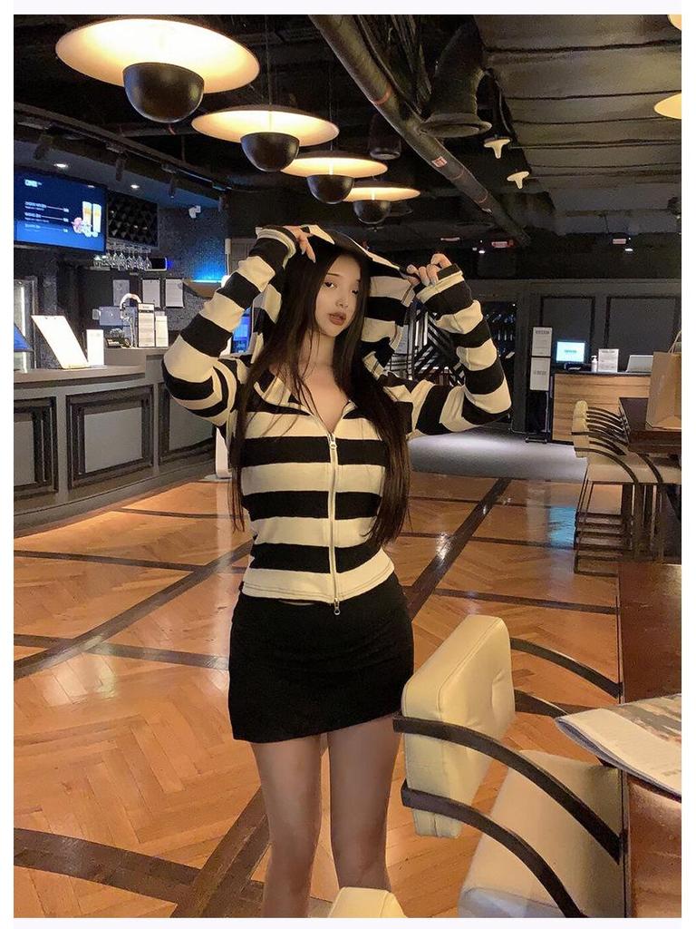 Корейский тонкий полосатый кардиган с капюшоном - Повседневный и универсальный стиль