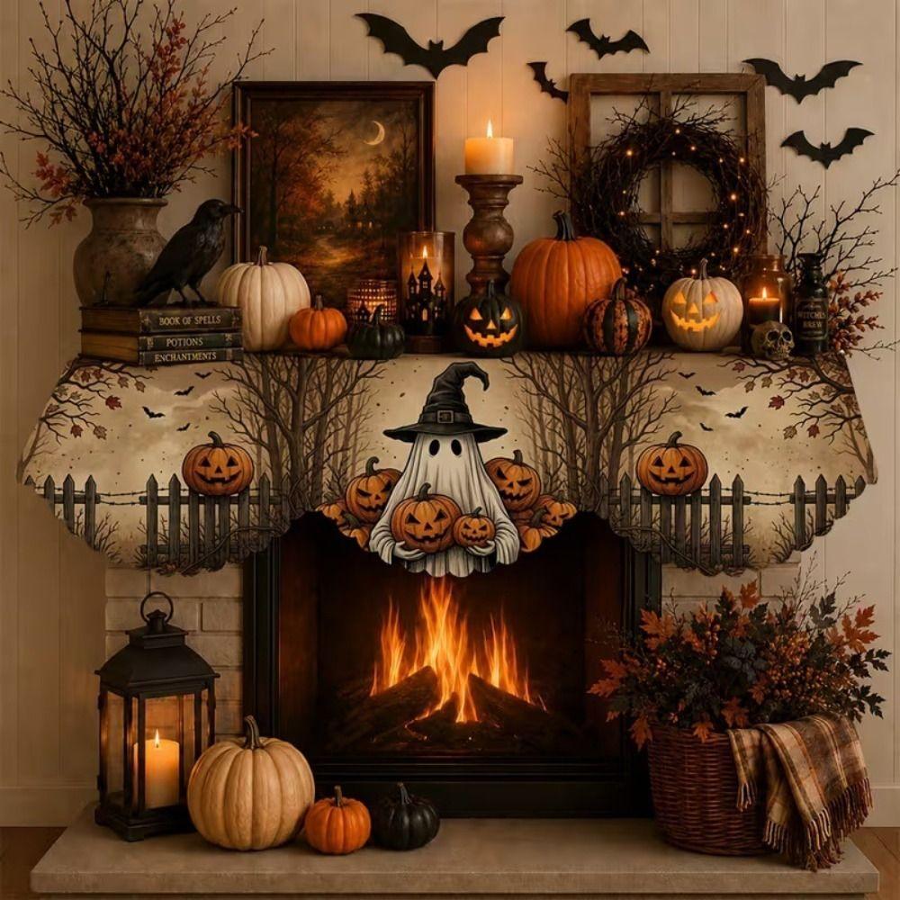 Country-Style Halloween Mantel Scarf Scalloped Edge Spooky Fireplace Topper Home Living