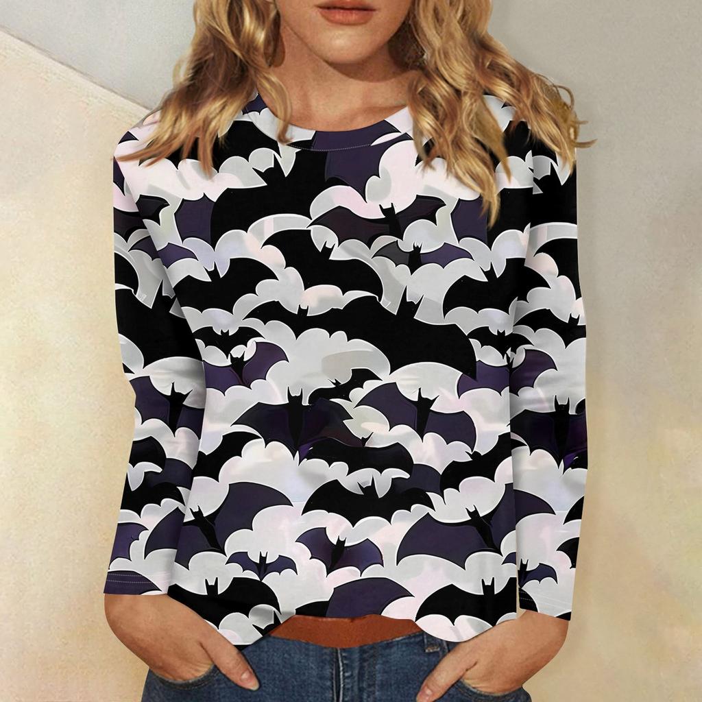 Women's Fashion Casual Halloween Printed Round Neck Long Sleeve Pullover Top
