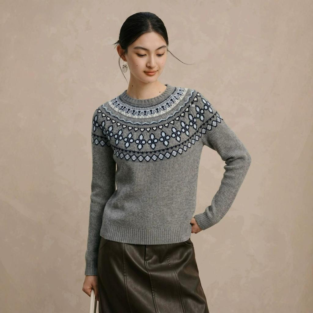 Женский ретро-свитер Fair Isle с цветовыми блоками из мериносовой шерсти - С круглым вырезом, реглан, пуловер