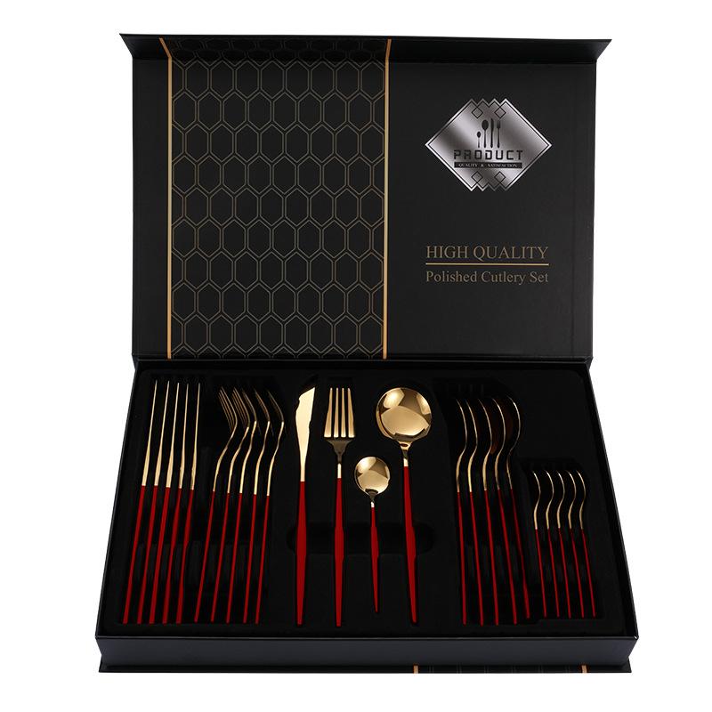 24Pcs Home Kitchen Tableware Stainless Steel Cutlery Set Dinnerware Forks Spoons Gold Plated Gift Box Set High Quality Polished Flatware Dinner Set
