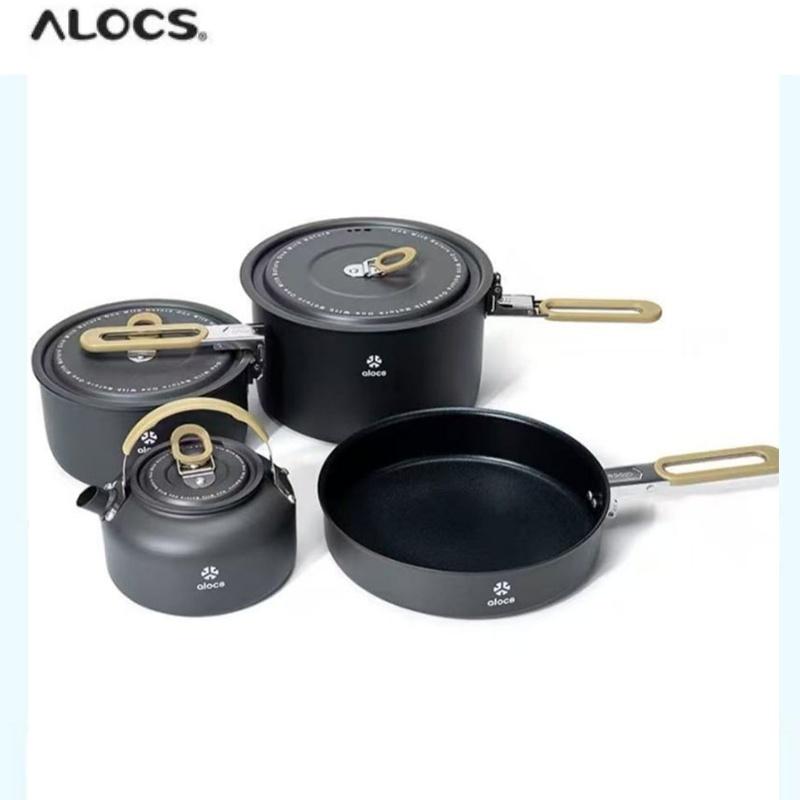 ALOCS Набор из четырех предметов для кемпинга и кемпинга - тефлоновое антипригарное покрытие, вложенный дизайн, инструменты для домашней готовки на открытом воздухе