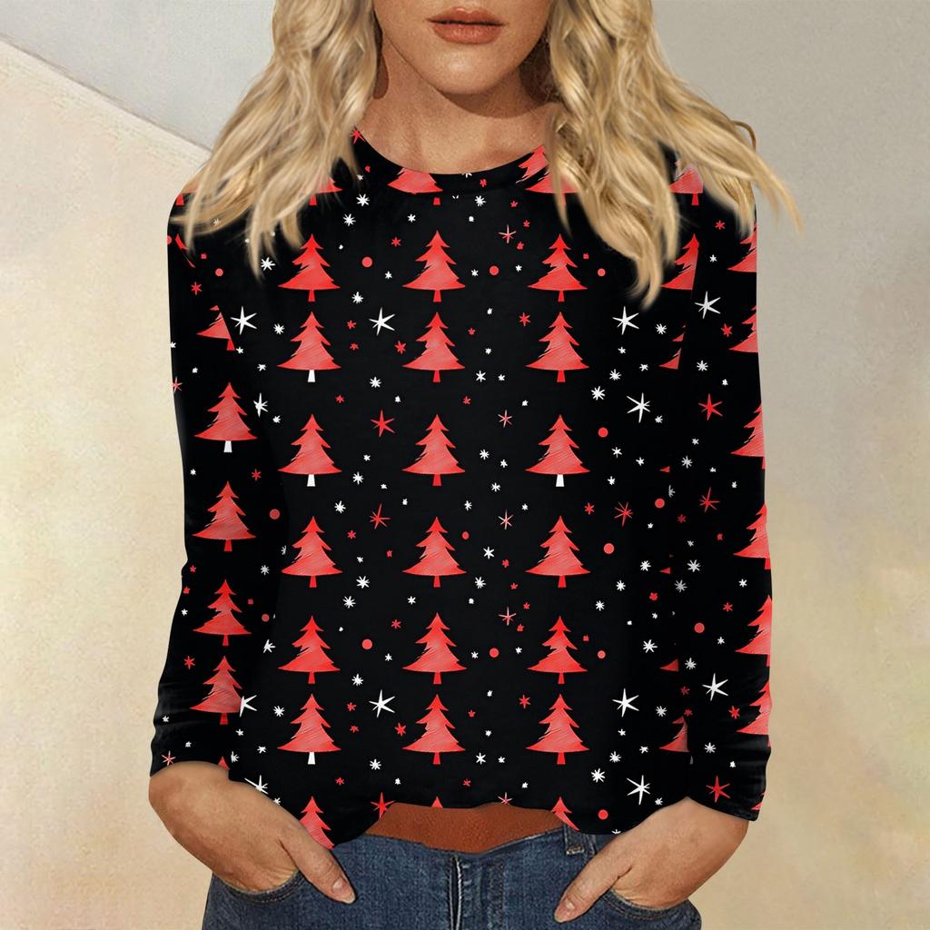 Рубашки с длинным рукавом для женщин, милые футболки с принтом на Рождество, блузки, повседневные топы больших размеров, пуловеры