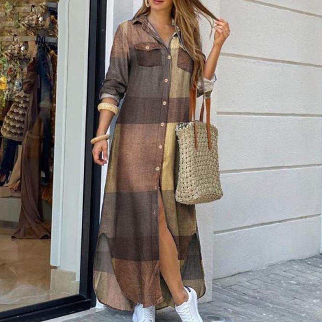 Модное женское повседневное свободное сексуальное платье с длинным рукавом и карманом на пуговицах