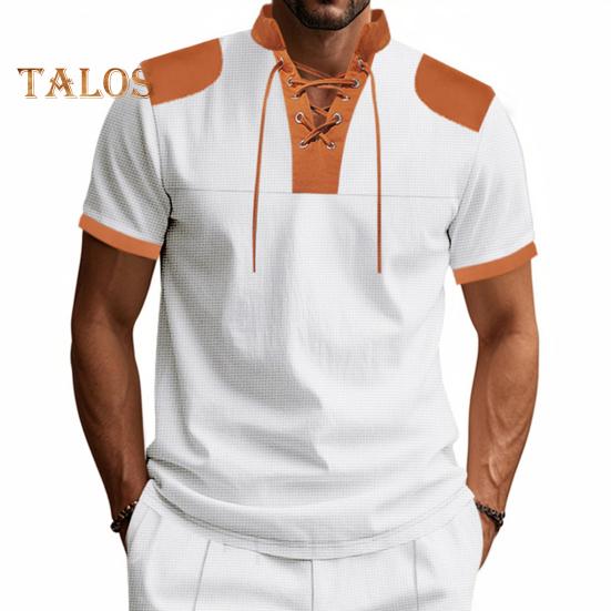 Мужская рубашка с V-образным вырезом на бретелях, цветная футболка с коротким рукавом в вафельную клетку, повседневная летняя футболка для повседневной вечеринки, офиса, путешествий