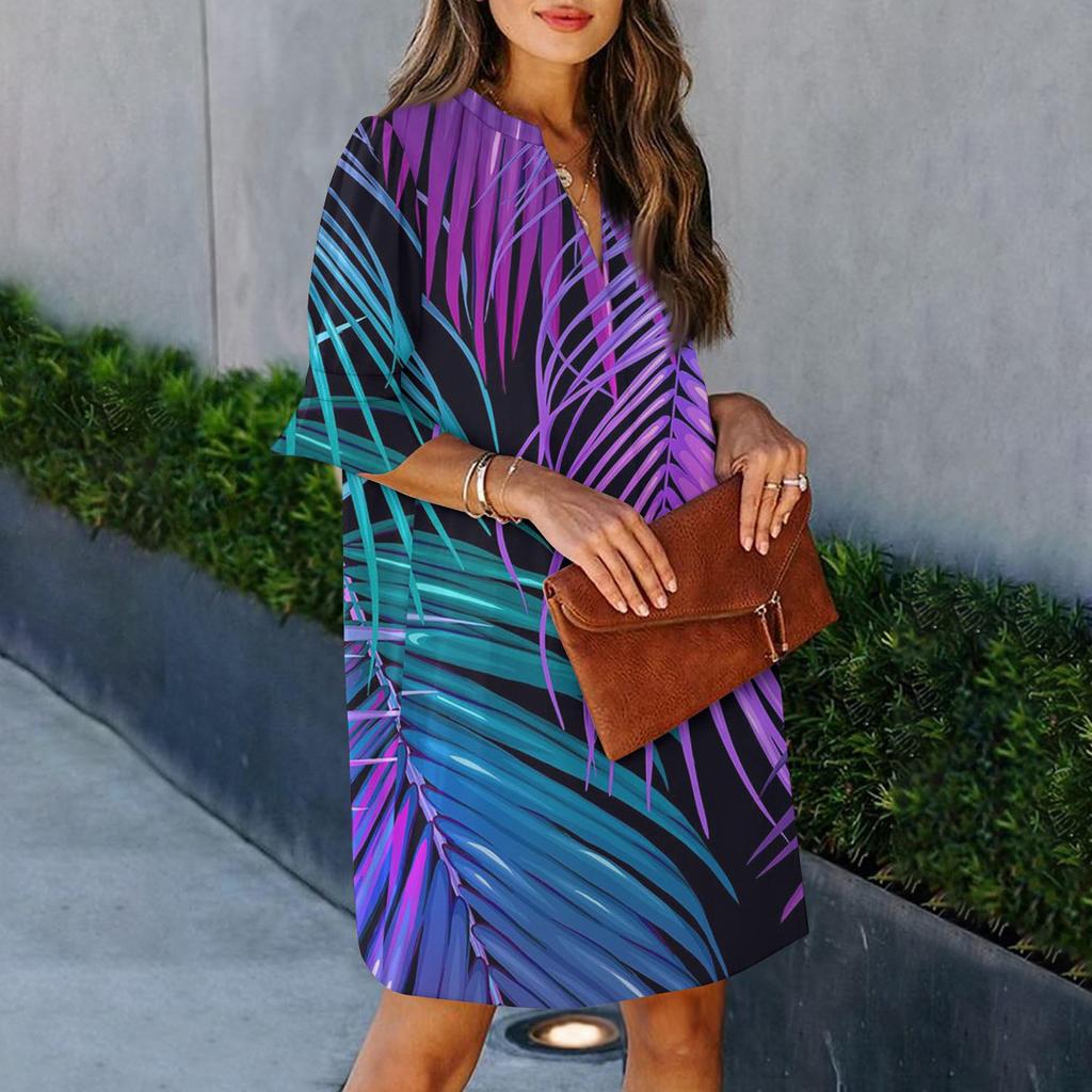 Женское платье с объемными рукавами и гавайским принтом, V-образным вырезом и принтом