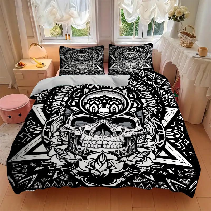 3pcs Skull Mandala Art Duvet Cover Set, Cover For Bedroom Guest Room (1 Duvet Cover + 2 Pillowcase, Without Quilt), yy250922146