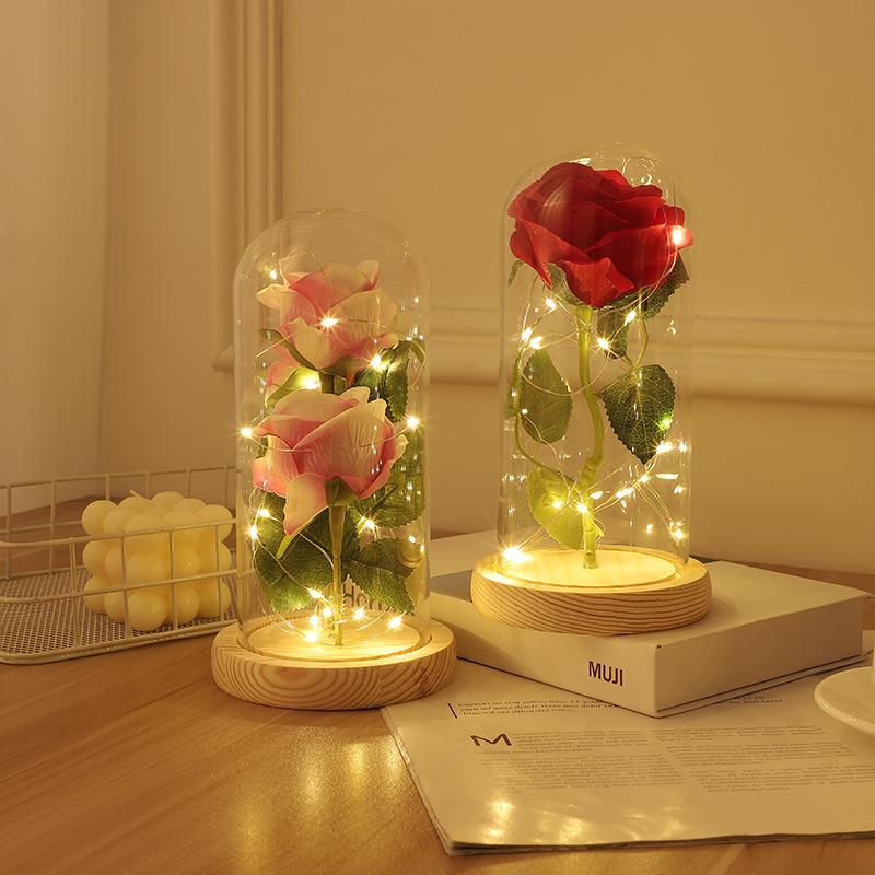 Glass Cover Immortal Rose Flower Ornaments LED Luminous Artificial Flower Creative Christmas Valentine's Day Gift