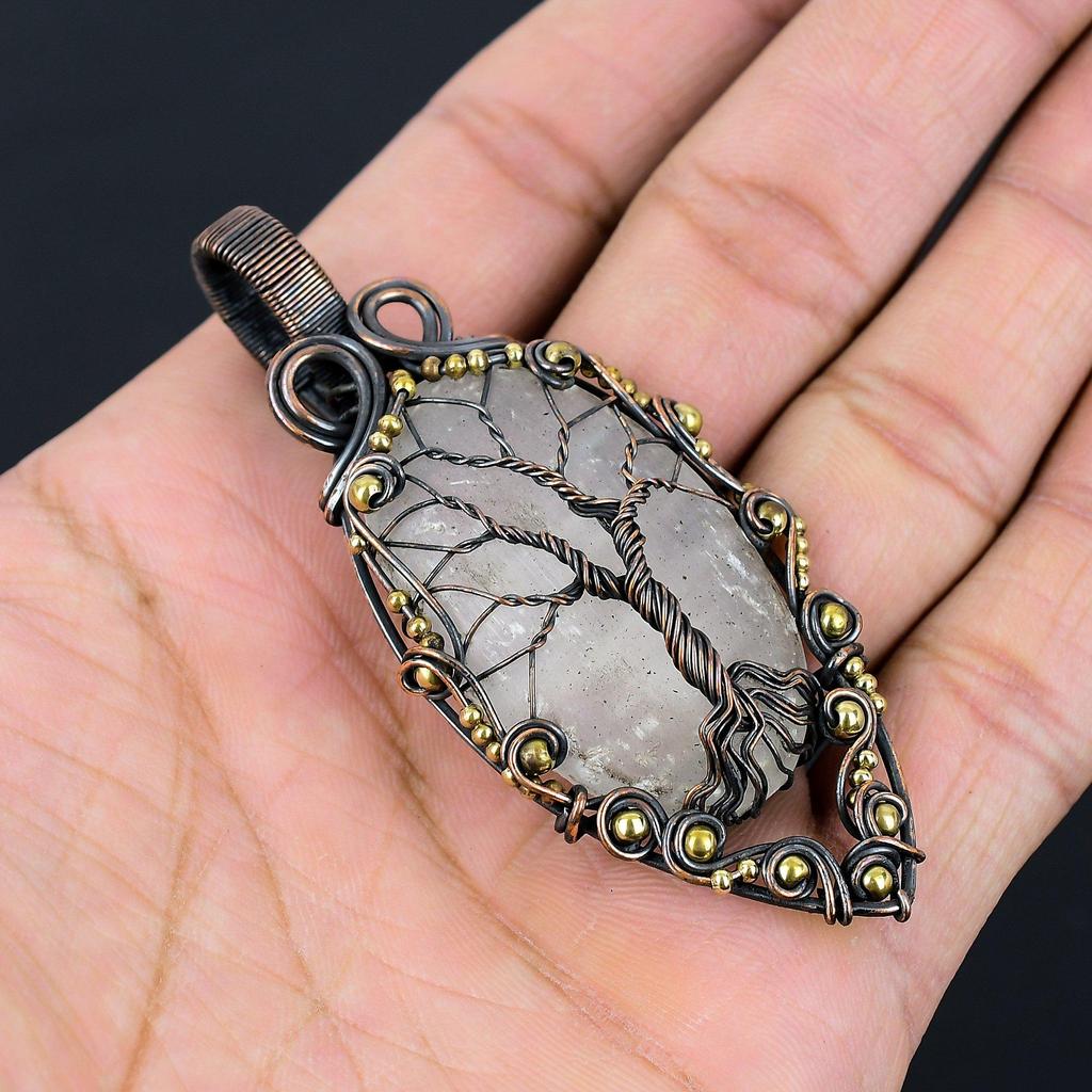 Tree Of Life Selenite Gemstone Pure Copper Wire Wrapped Handmade Pendant Jewelry