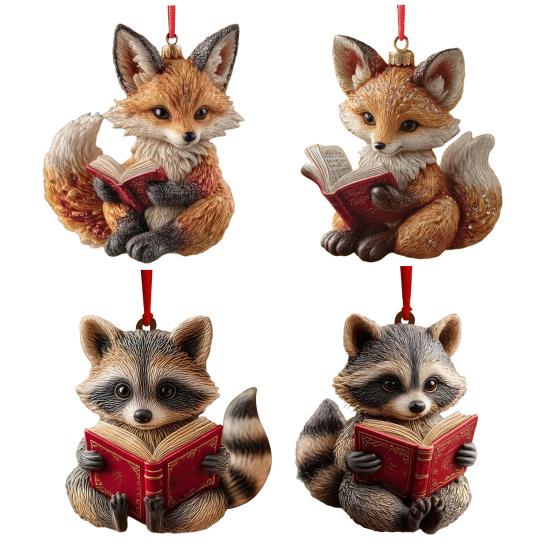 Cute Forest Fox/Raccoon Reading Ornament 2D Flat Acrylic Christmas Ornaments Woodland