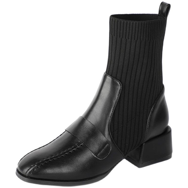 Elastic Socks and Boots Women's New Versatile Thick Heel Mid Heel Slim Boots