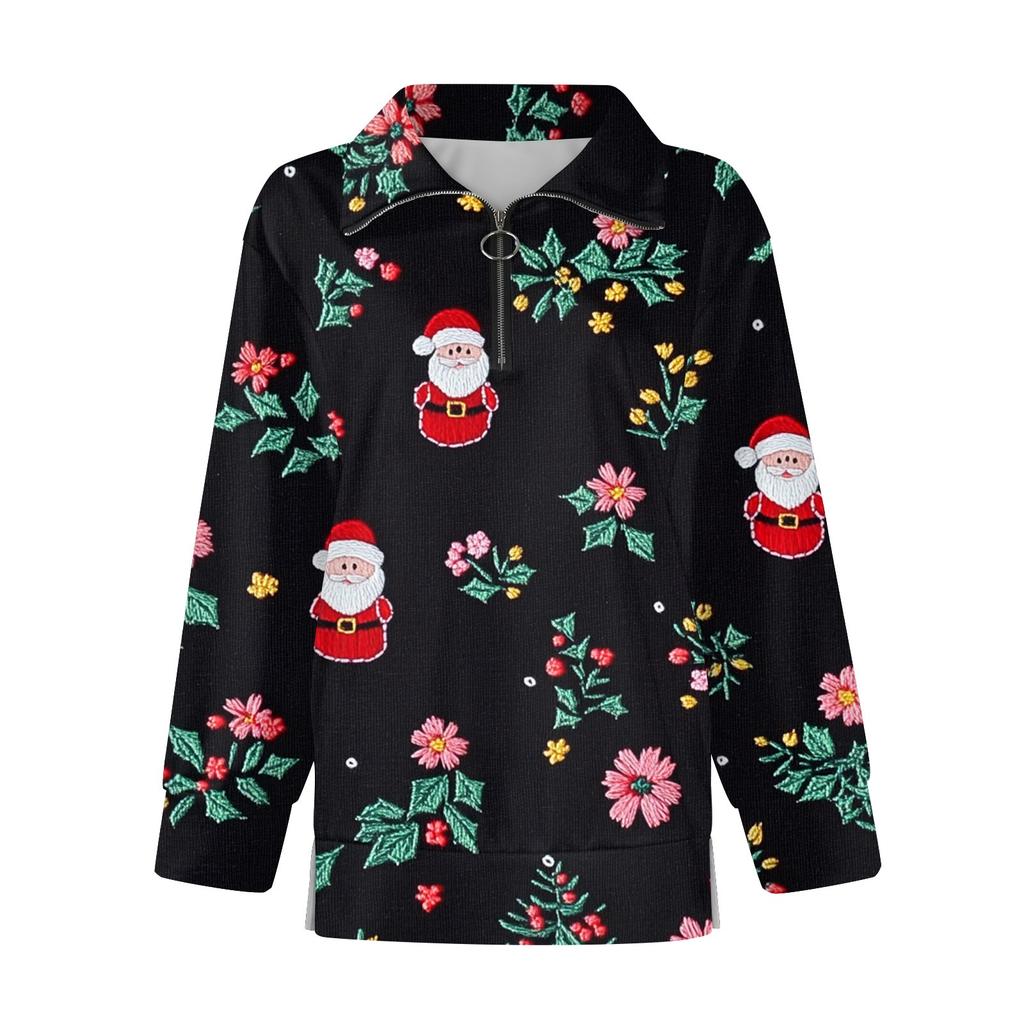 Женский повседневный свитер с полумолнией и лацканами со снежинками и разрезом сверху по бокам, модная одежда