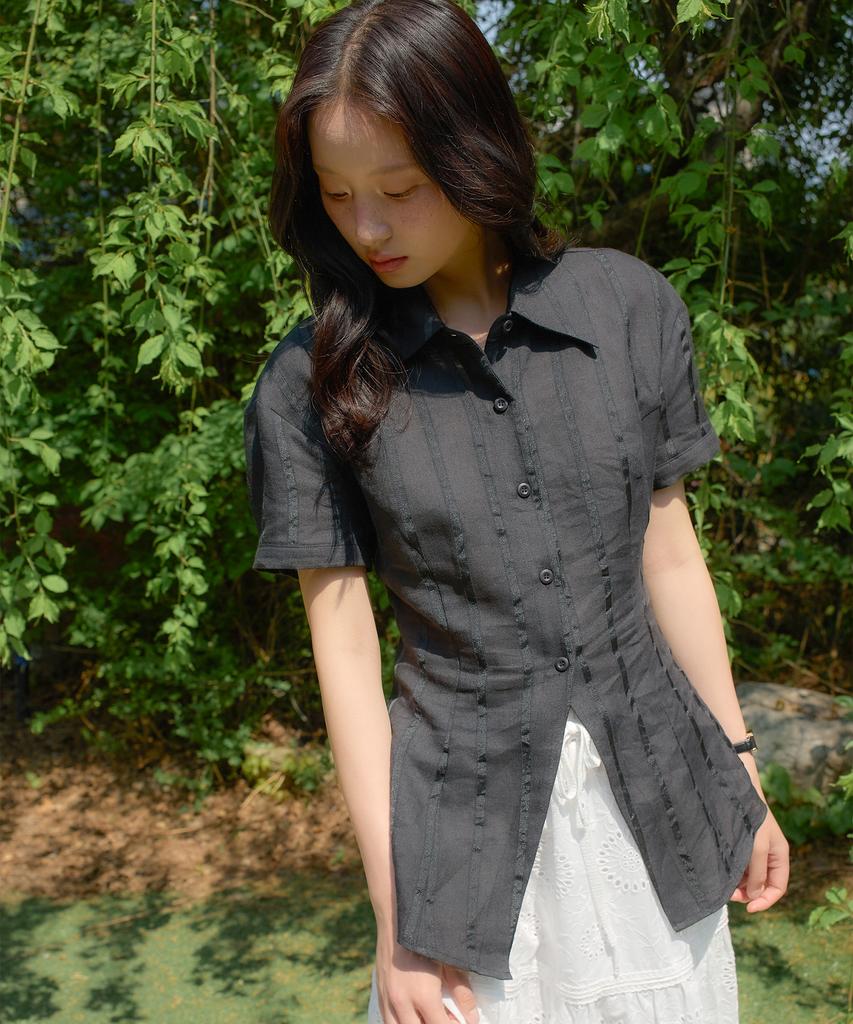 SALON DE YOHN Classic Linen Short Sleeve Shirt_ Black