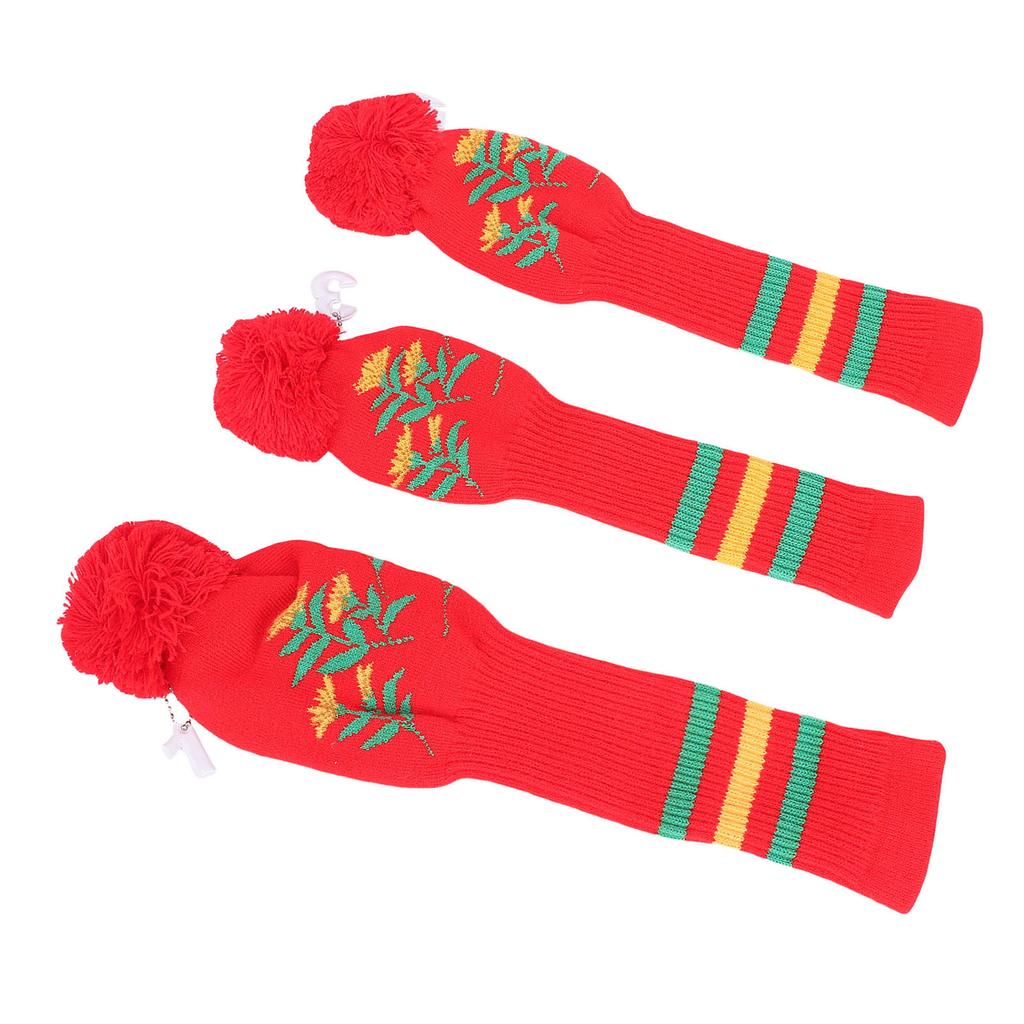 3pcs Knitted Club Head Covers Set with Long Neck Pom Pom Decoration Soft Club Head Protector Snug Fit Red