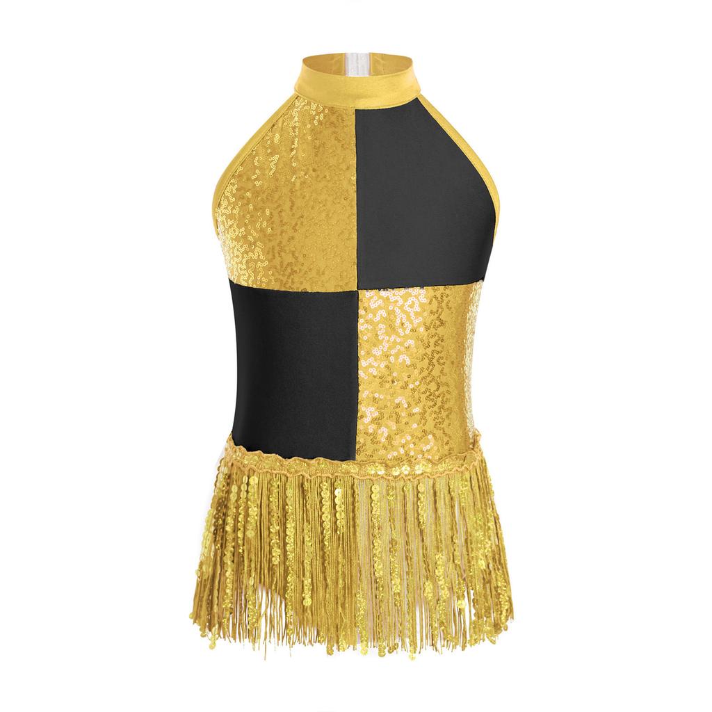 Girls Color Block Latin Dance Leotard Shiny Sequins Tassel Halter Sleeveless Backless Bodysuit Performance Costume