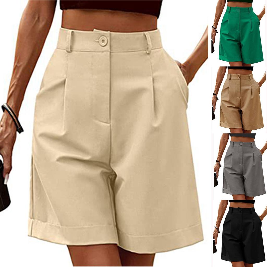 Женские повседневные свободные пляжные брюки, однотонные свободные повседневные пятые брюки с высокой талией и карманами