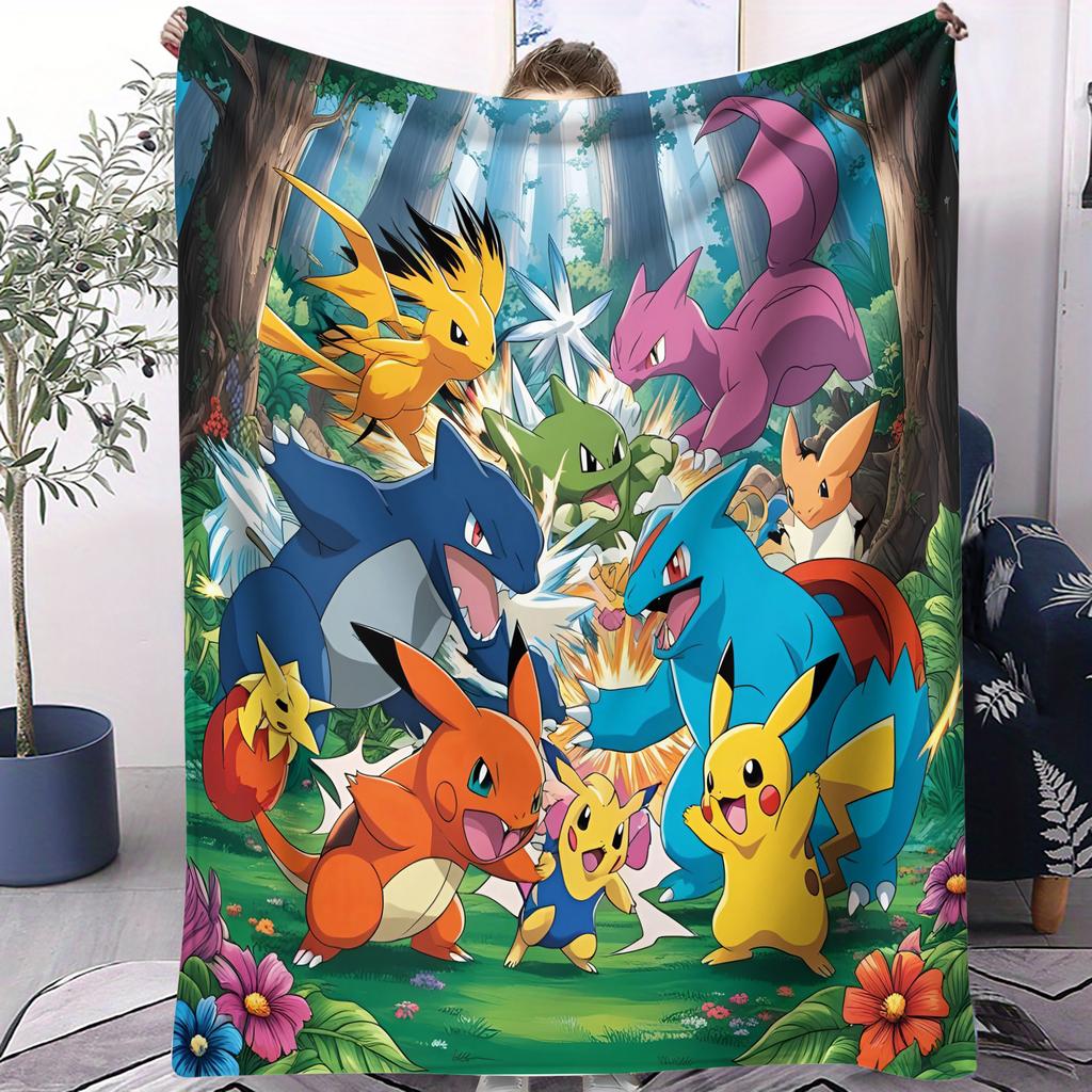 Classic Pokemon Evolution Line Print Fleece Throw Blanket for Fans Quality Soft Warm Blanket for Travel Picnic Home for Girl Boy