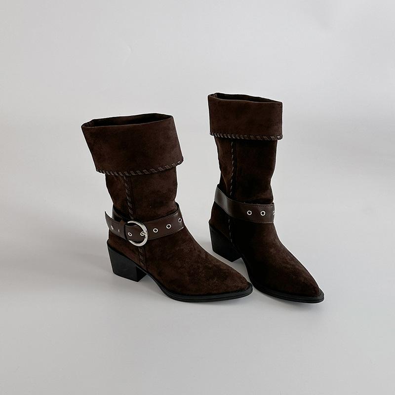 Винтажные ковбойские сапоги на толстом каблуке, осенние женские зимние модные нишевые замшевые ботильоны с острым носком, с широким голенищем, средней высоты