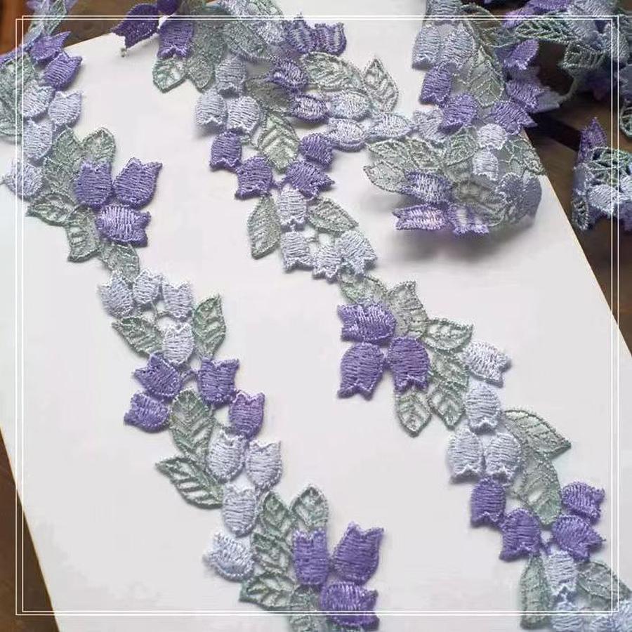 1 Yards Purple Orange Flowers Embroidery Lace Guipure Ribbon Applique Wedding Dress Headveil DIY Sewing Supplies 3.7cm Wide