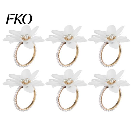 Napkin Ring 6Pcs White Lotus Rings, Chiffon Flower Metal Holders, Faux Soft Fabric Pearl Dinner Rings for Wedding Bridal Shower Table