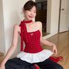Летняя сексуальная футболка из МОДАЛ-ХЛОПКА для женщин в балетном стиле с круглым вырезом без рукавов, облегающая эластичная красная футболка с принтом листьев лотоса