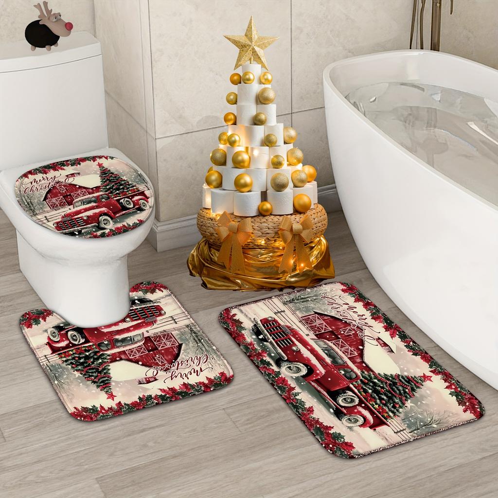 4pcs Vintage Red Truck Christmas Pattern Waterproof Shower Curtain With 12 Hooks Non-Slip Bathroom Rug Toilet U-Shape Mat Toilet Lid Cover Pad