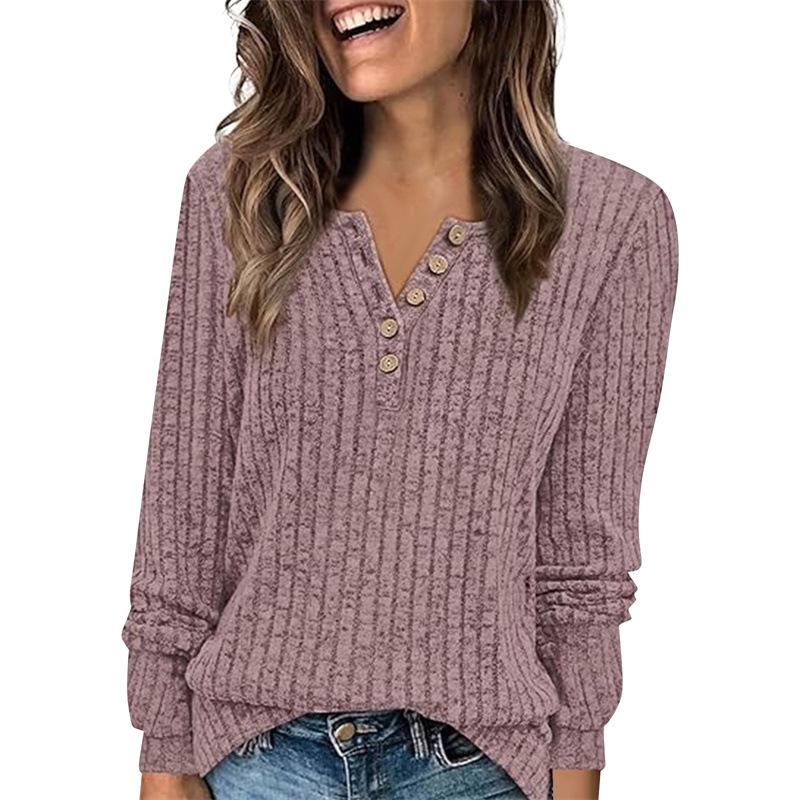 Women's Fashion Long Sleeve T-Shirt Solid Color Button Decoration Top