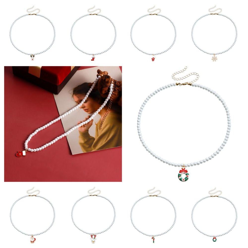 Cartoon Christmas Necklace Clavicle Chain Cartoon Pendant Choker Vintage Pearl Chain Girl