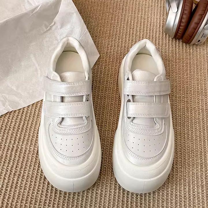 Модные легкие белые туфли на круглой платформе с липучками, женские, новинка 2025 года, весенне-осенняя легкая универсальная повседневная обувь