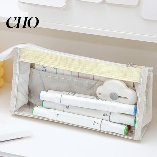 Fresh Color Stationery Bag Transparent Mesh Pencil Case for Middle School Students Large Pouch Capacity Multilayer Storage with Compartments