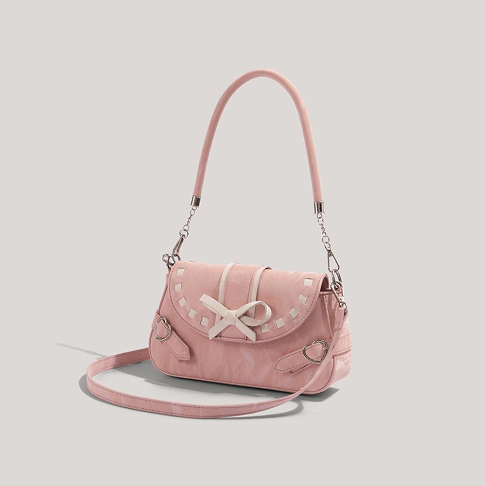Розовая Белая Контрастная Мягкая Кожаная Сумка PU Crossbody с Бантом Сумка Под Мышку Сладкий Стиль Женская Сумка Модная Повседневная Сумка